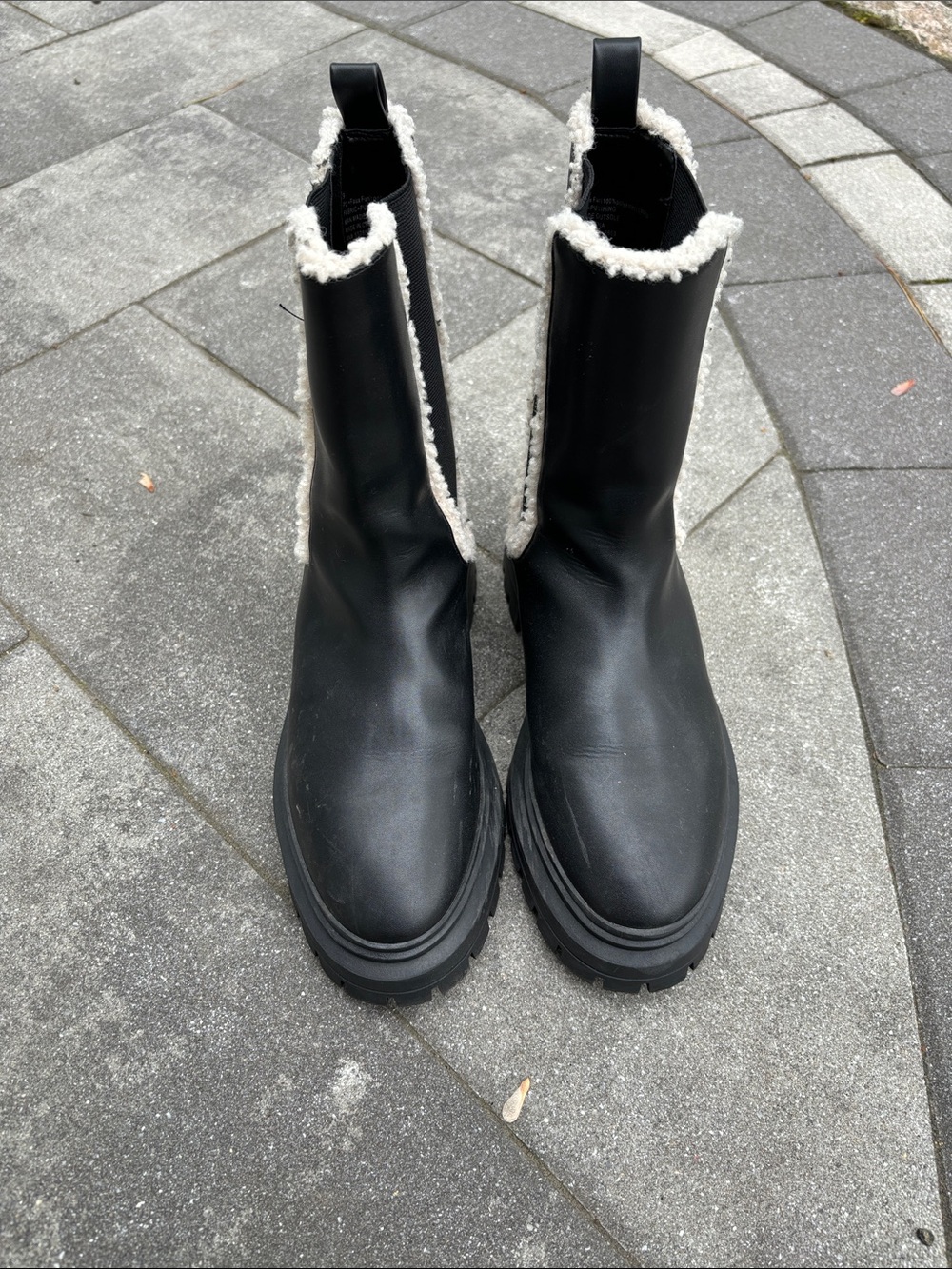Express Black Chelsea Combat Boots with Cream Shearling Trim